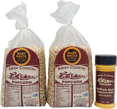 Amish Country Popcorn | Variety Bundles | 4 lb Baby White Popcorn Kernels and 6 oz BallPark Style ButterSalt Set | Old Fashioned, Non-GMO and Gluten Free