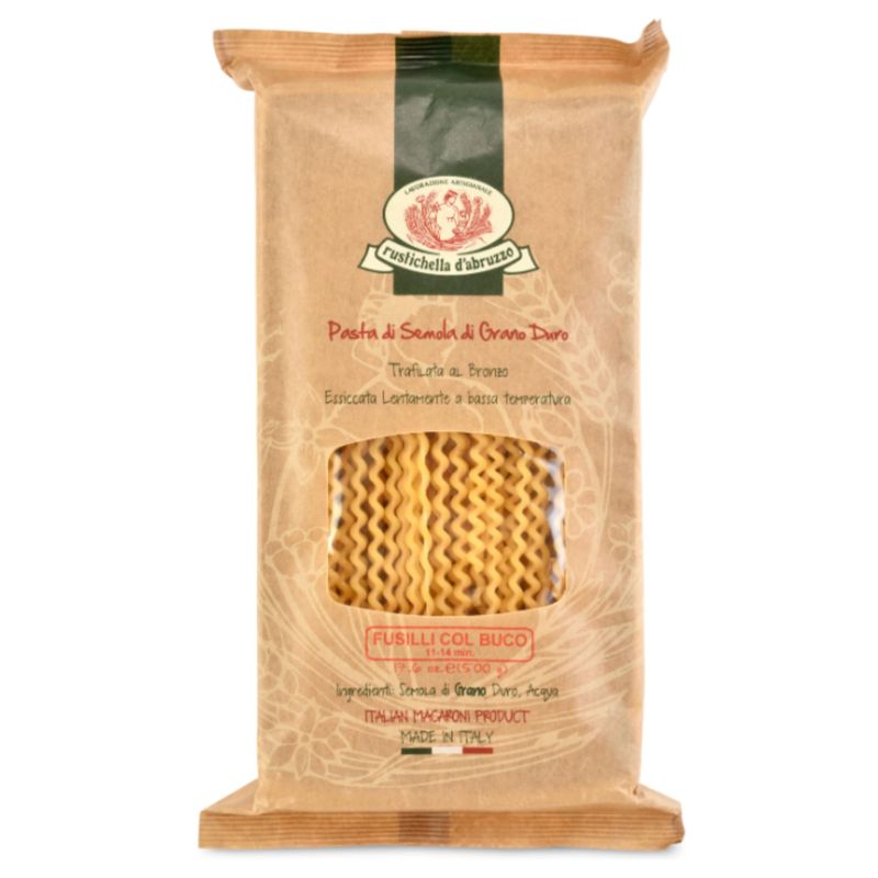 Rustichella d&#39;Abruzzo Fusilli col Buco 17.6 - Classic Authentic Italian Long Curly Pasta - Perfect for Tomato or Olive Oil Sauces