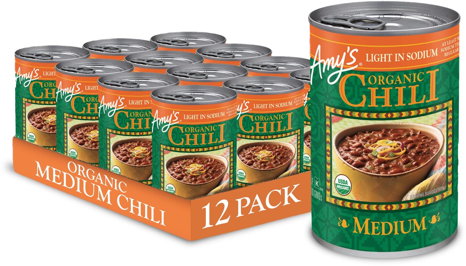 Amy&#39;s Organic Chili, Vegan Medium Chili, Light in Sodium, Gluten Free, Made With Organic Red Beans and Tofu, 14.7 Oz (12 Pack)