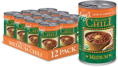 Amy&#39;s Organic Chili, Vegan Medium Chili, Light in Sodium, Gluten Free, Made With Organic Red Beans and Tofu, 14.7 Oz (12 Pack)