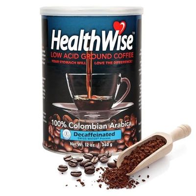 Healthwise Low Acid Decaf Ground Coffee, Chemical-Free Swiss Water Process, 99.9% Caffeine Free, 100% Colombian - Medium Roast, Healthier Coffee for Sensitive Stomachs -12 Ounce Cans (Pack of 5)