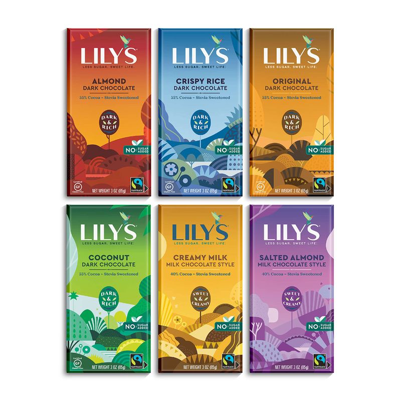 Lily's Chocolate Variety 6 Pack | Made with Stevia, No Added Sugar, Low- Carb, Keto Friendly | 6 Flavors, 1 Bar each | Sampler, Gift Set