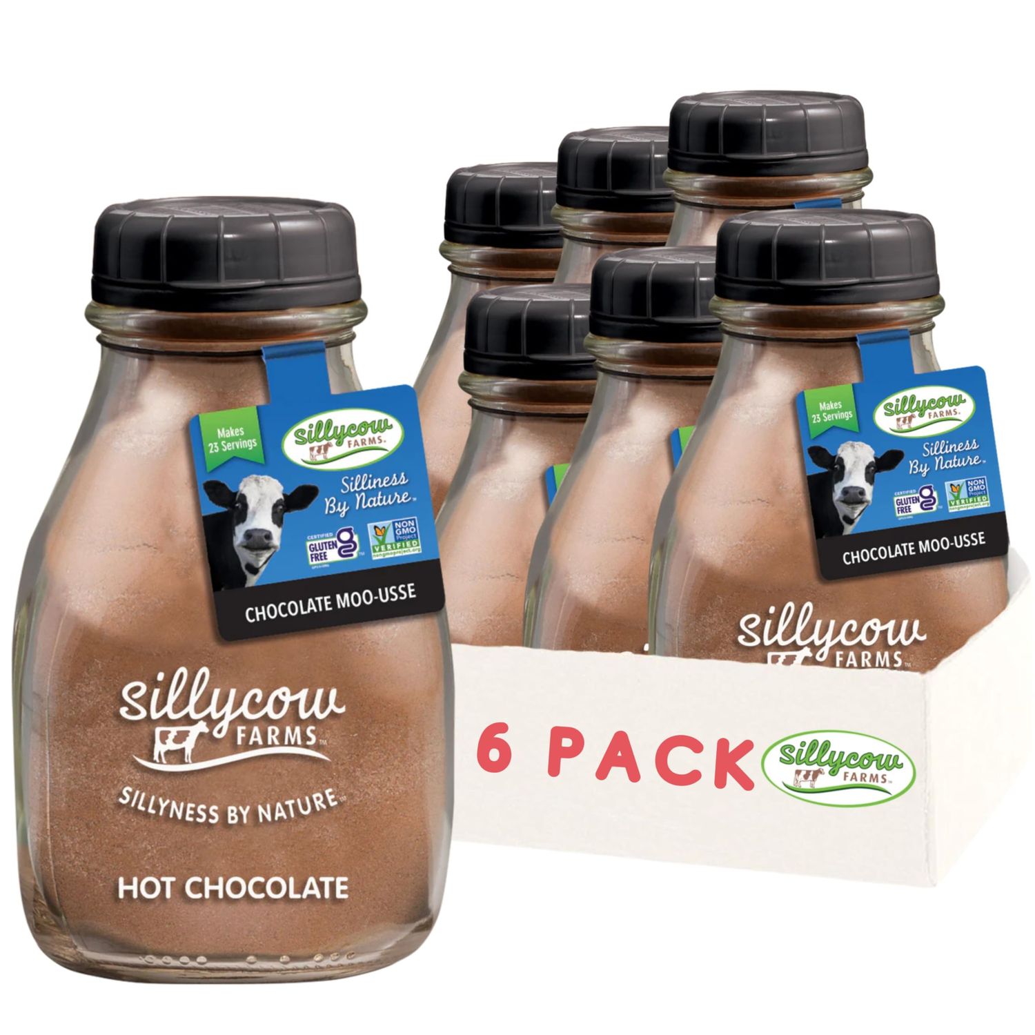 Silly Cow Farms Hot Chocolate Moo usse Mix Rich Chocolate Delight Gluten Free, Non GMO Dairy Free Indulgence with Pure Cocoa &amp; Vanilla Flavor - Reusable Packaging - 16.9 oz Glass Bottle - Pack of 6