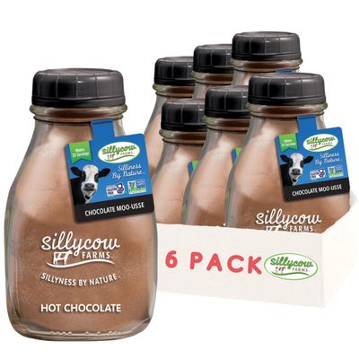 Silly Cow Farms Hot Chocolate Moo usse Mix Rich Chocolate Delight Gluten Free, Non GMO Dairy Free Indulgence with Pure Cocoa &amp; Vanilla Flavor - Reusable Packaging - 16.9 oz Glass Bottle - Pack of 6