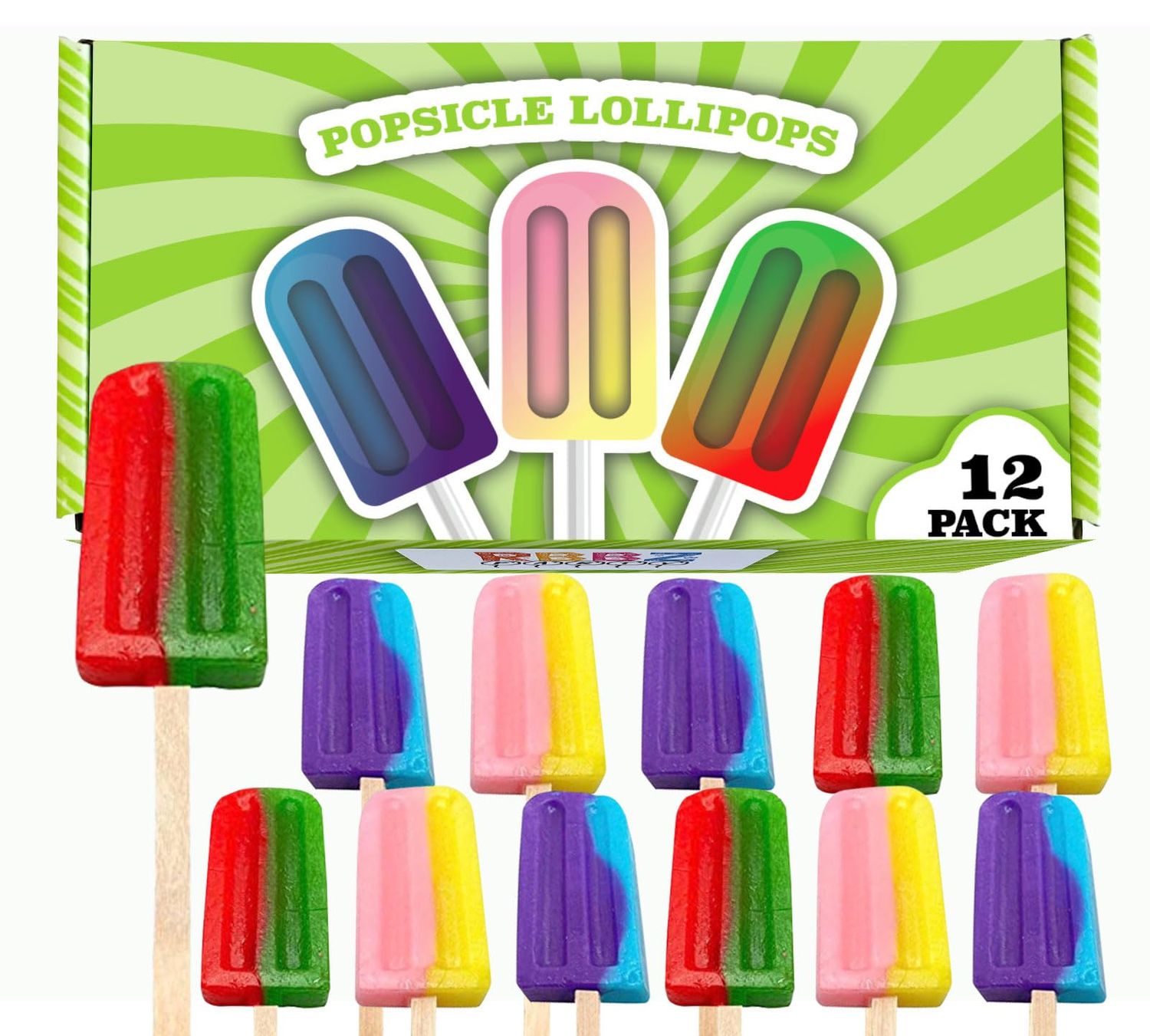 Popsicle Shaped Ice Cream Lollipops (12 pieces) Individualy Wrapped Ices Suckers, Great for Summer, Birthday Party, Goodie Bags, Party Favors, Candy Buffet