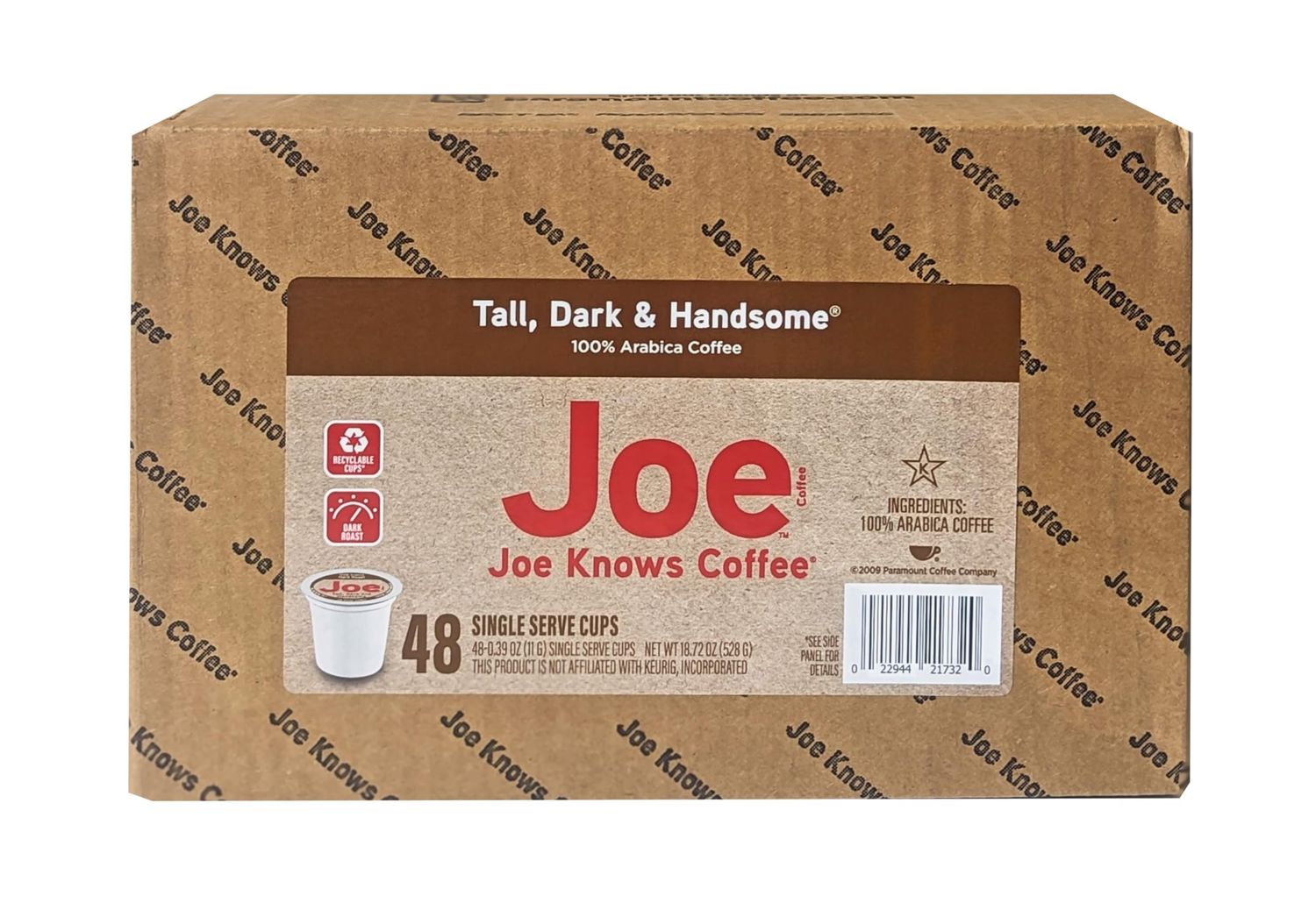 Joe Knows Coffee Single Serve Cups Pods and Capsules, Tall Dark and Handsome, 48 Count