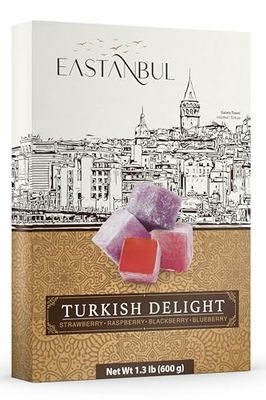 Eastanbul Lokum Traditional Turkish Delight with Strawberry, Raspberry, Blackberry, and Blueberry Flavor - Turkish Delights Candy Loukoumi - Mild Candy Gift Box Loqum - 1.3lb (600g)- 64 pieces