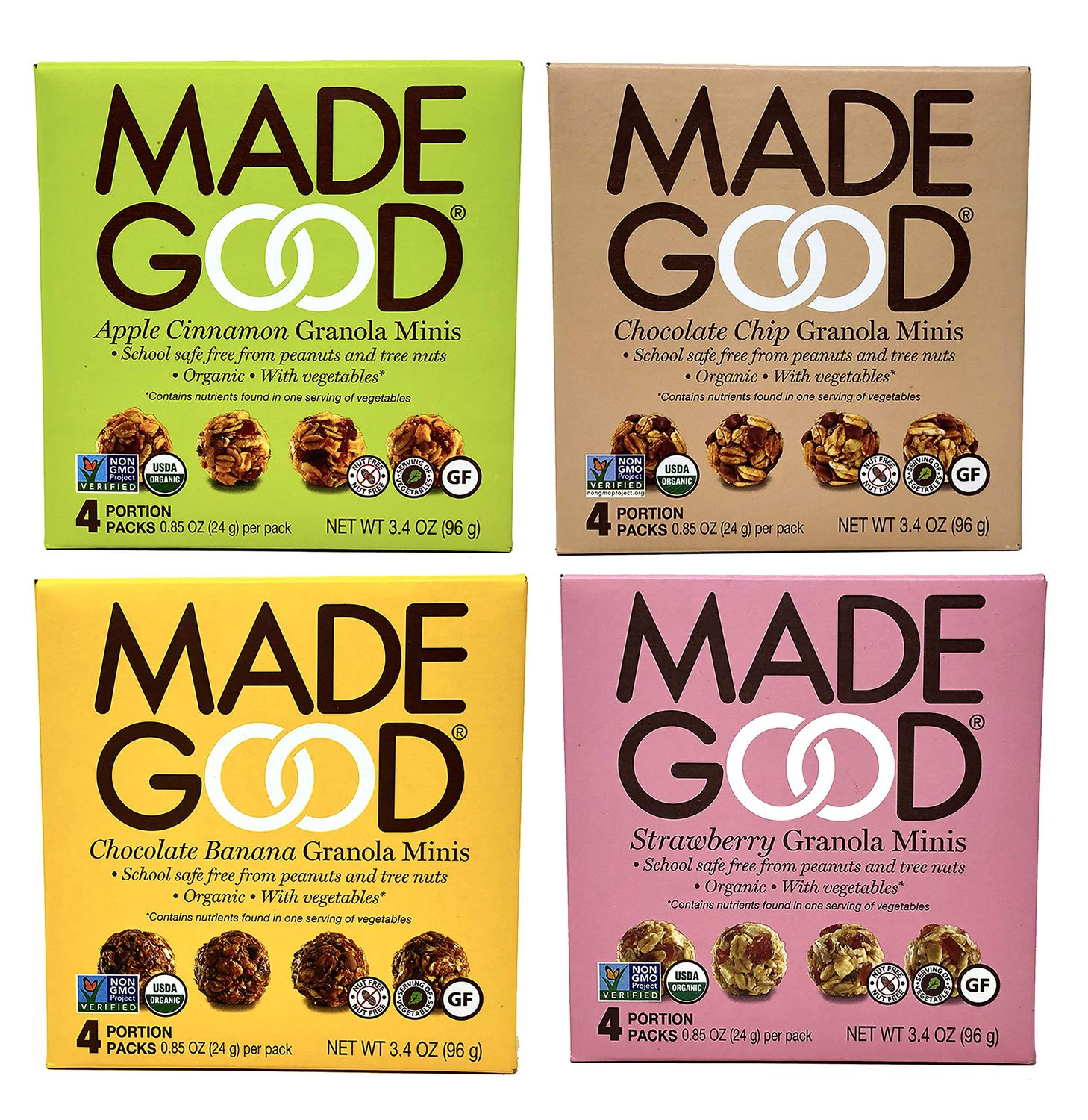 Made Good Organic Granola Minis - Variety Pack of 4 Flavors -Tree-Nut and Peanut-Free Gluten-Free Vegan Kosher (4 Portion Packs Per Flavor)