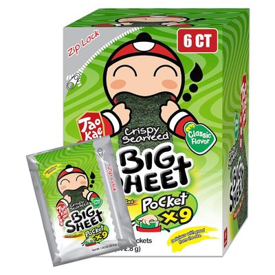 Big Crispy Seaweed Snack Sheets by Tao Kae Noi | Classic Thai Seaweed Chip | Healthy Nori Snacks for Kids and Adults | Low Calorie Seaweed Sheets | 6 Resealable Pockets, 1.02oz Each