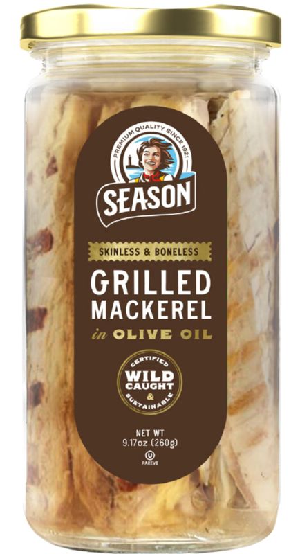 Season Grilled Mackerel in Olive Oil - Skinless &amp; Boneless Mackerel Fillets, Wild Caught, Keto Snacks, Full of Vitamins, Low in Mercury, Kosher, Non-GMO, 22g of Protein - 9.17 Oz Glass Jar