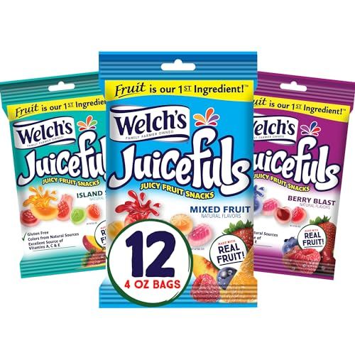 Welch's Juicefuls Juicy Fruit Snacks, Mixed Fruit, Berry Blast &amp; Island Splash Fruit Gushers Variety Pack, Great For School Lunches, Gluten Free, 4 Oz Individual Single Serve Bags (Pack Of 12)