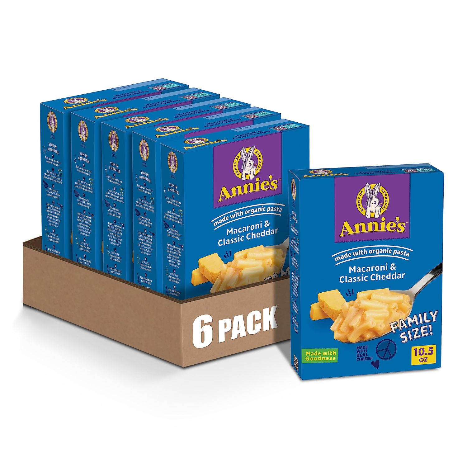 Annie&#39;s Macaroni and Cheese, Classic Cheddar, Made with Organic Pasta, Family Size, 10.5 oz (Pack of 6)
