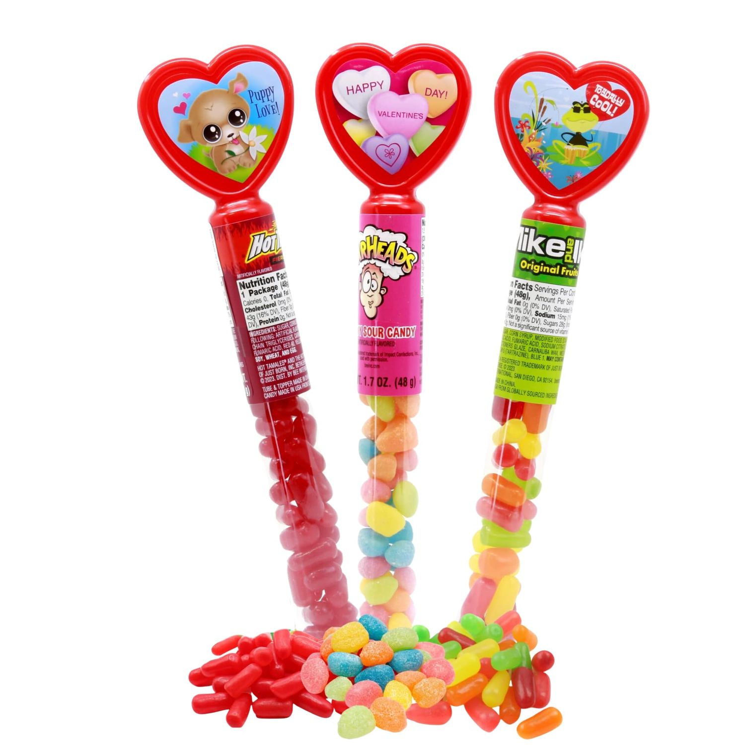 Valentines Day Candy Heart Tubes Bundle, Set of 3 Filled with Assorted Candies, Topper Style Chosen at Random