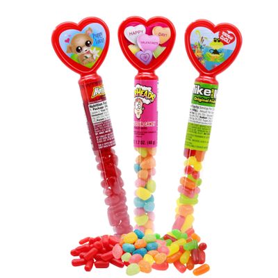 Valentines Day Candy Heart Tubes Bundle, Set of 3 Filled with Assorted Candies, Topper Style Chosen at Random