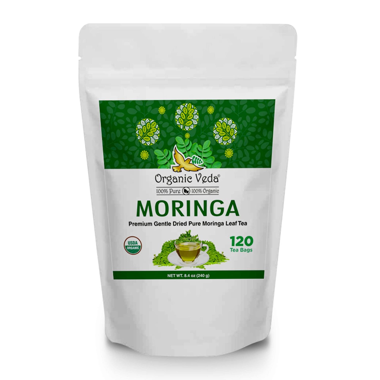 Organic Veda Moringa Tea Bags, Premium Dried Moringa Leaf Tea for Overall Wellness, Non-GMO, Caffeine-Free, &amp; Gluten-Free Organic Tea, 120 Tea Bags
