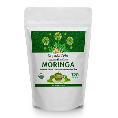 Organic Veda Moringa Tea Bags, Premium Dried Moringa Leaf Tea for Overall Wellness, Non-GMO, Caffeine-Free, &amp; Gluten-Free Organic Tea, 120 Tea Bags