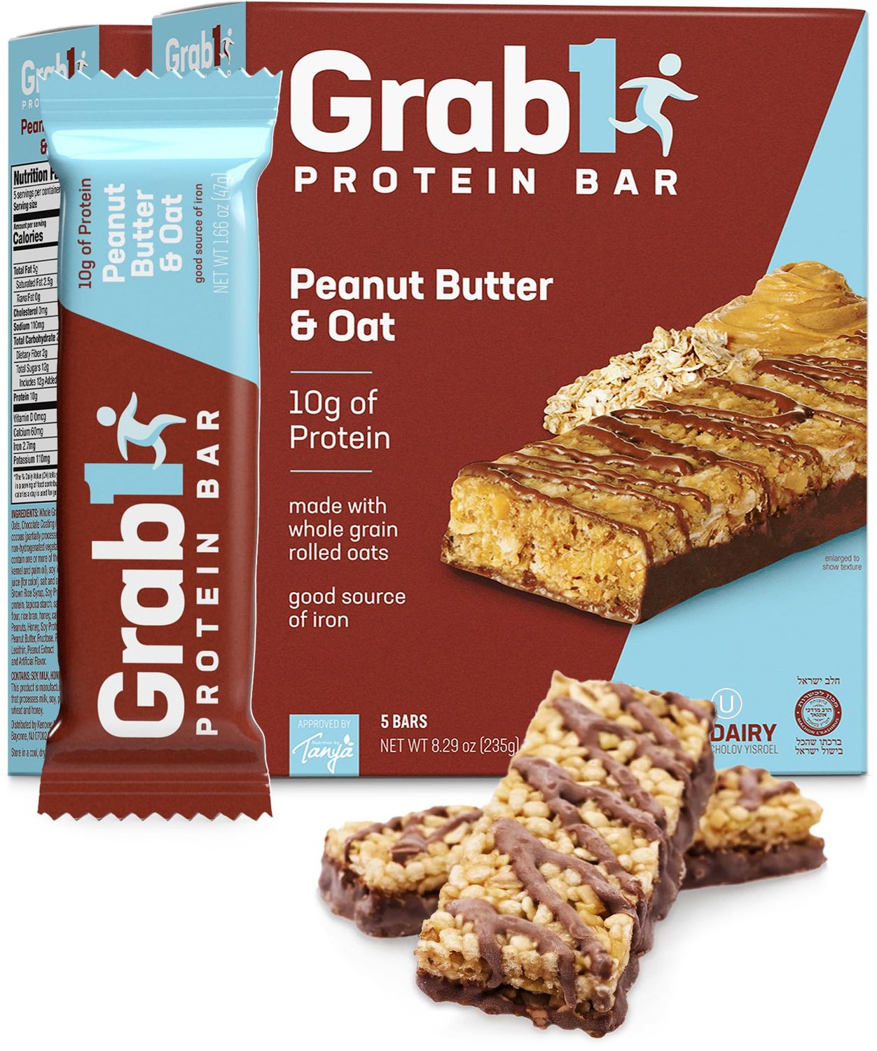 Grab1 Protein Bars, Peanut Butter and Oat Protein Bar (2 Pack - 10 Bars) | Delicious and Nutritious | Low Calorie | Perfect for Meal Replacement &amp; Snacking | Certified Kosher