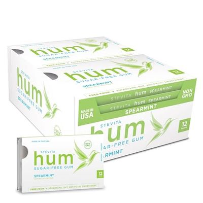 Stevita Hum, Spearmint - Sugar-Free Gum - 12 Pieces, Pack of 12 - Supports Oral Health - Non-GMO, Vegetarian, Keto, Gluten Free - 72 Total Servings