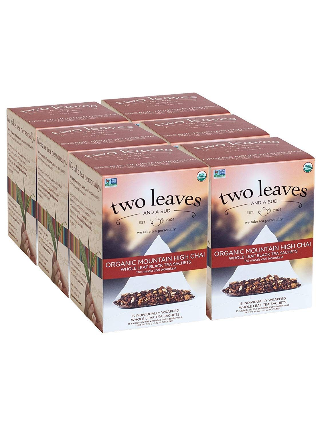 Two Leaves and a Bud Organic Mountain High Chai Tea Bags, Whole Leaf Black Tea and Spices in Compostable Sachets, Add Milk and Sweetener or Drink Plain, 15 Count (Pack of 6)