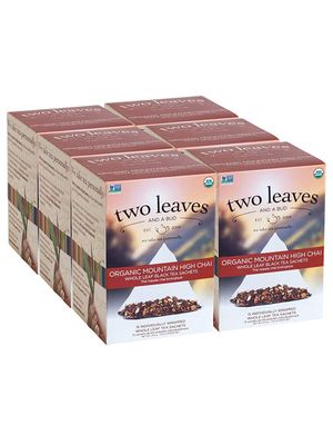 Two Leaves and a Bud Organic Mountain High Chai Tea Bags, Whole Leaf Black Tea and Spices in Compostable Sachets, Add Milk and Sweetener or Drink Plain, 15 Count (Pack of 6)