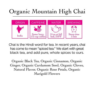 Two Leaves and a Bud Organic Mountain High Chai Tea Bags, Whole Leaf Black Tea and Spices in Compostable Sachets, Add Milk and Sweetener or Drink Plain, 15 Count (Pack of 6)