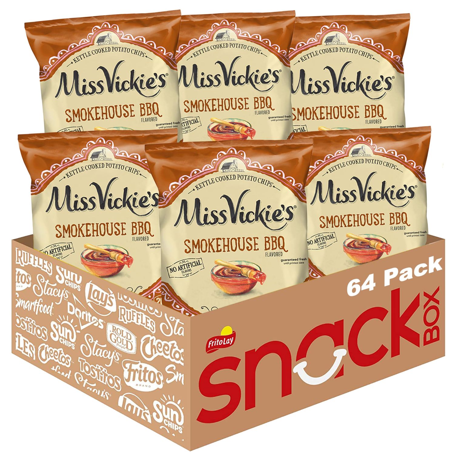 Miss Vickie&#39;s Kettle Cooked Potato Chips, Smokehouse BBQ Flavored , 1.375 Ounce (Pack of 64)