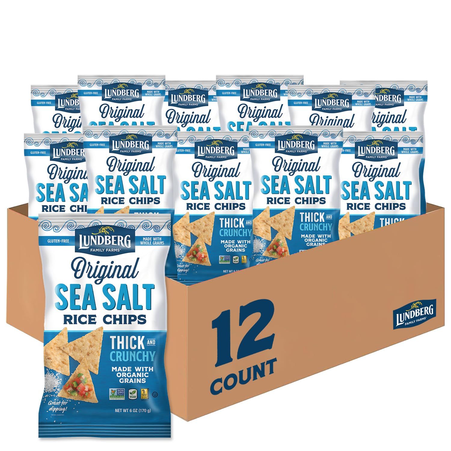 Lundberg Rice Chips, Sea Salt 12-Pack - Plant-Based Snacks Made with Organic California Brown Rice, Pea Protein &amp; Chia Seeds, 5.5 Oz Ea