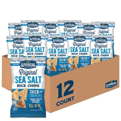 Lundberg Rice Chips, Sea Salt 12-Pack - Plant-Based Snacks Made with Organic California Brown Rice, Pea Protein &amp; Chia Seeds, 5.5 Oz Ea
