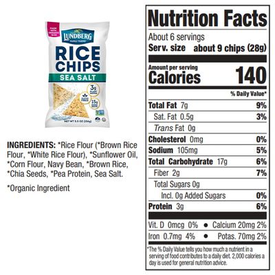 Lundberg Rice Chips, Sea Salt 12-Pack - Plant-Based Snacks Made with Organic California Brown Rice, Pea Protein &amp; Chia Seeds, 5.5 Oz Ea