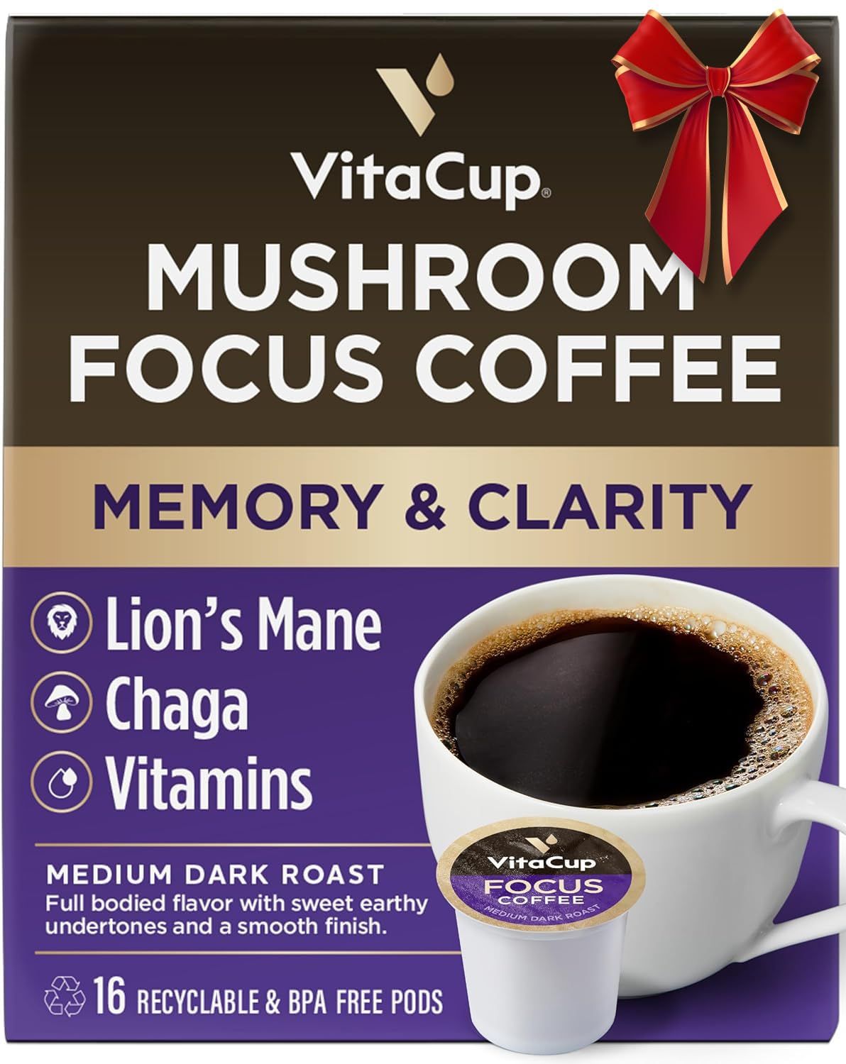 VitaCup Mushroom Coffee Pods - Boost Focus &amp; Immunity with Lions Mane, Chaga, Vitamins, for Memory &amp; Clarity, Recyclable K-Cup Pods, 16 Ct