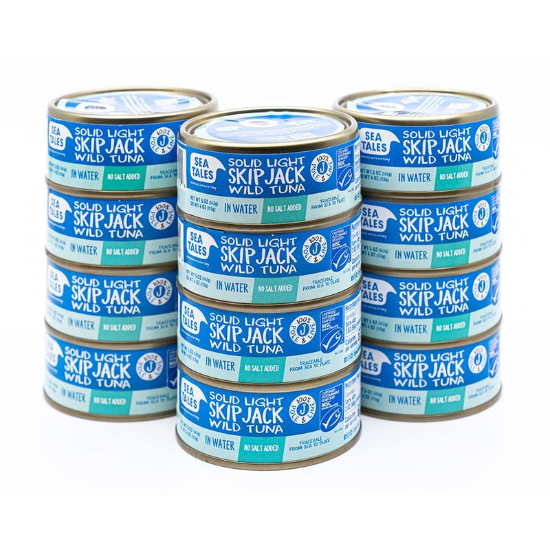 Sea Tales Solid Light Skipjack Canned Tuna in Water - No Salt Added - 100% Pole &amp; Line Wild Sustainably Caught - BPA Free - High Protein Food - Keto Friendly - 5 oz. Cans (Pack of 12)