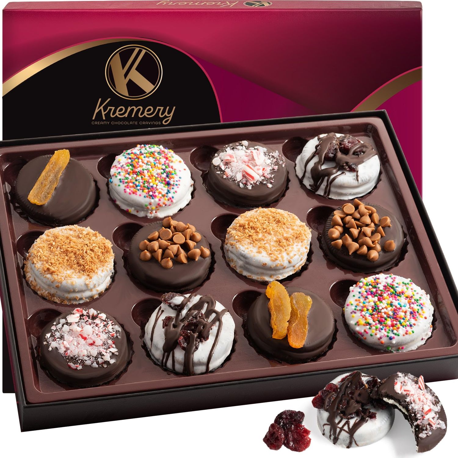 KREMERY Creamy Chocolate Cravings - Valentines Chocolate Covered Sandwich Cookies And Cream Gift Basket (12 Count) Birthday Sweet Treats - Assorted Candy Toppings - Kosher Parve