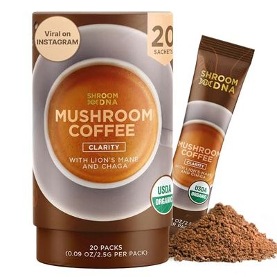 ShroomDNA Mushroom Coffee Blend with Chaga &amp; Lion&#39;s Mane | Instant Focus + Clarity All Day | Organic + Vegan + Gluten Free | No Added Sugar | 20 Count
