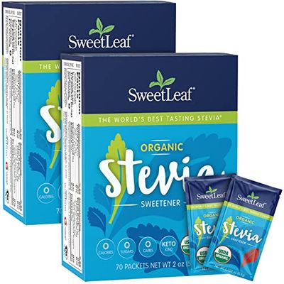 SweetLeaf Organic Stevia Packets - Zero Calorie Stevia Powder, No Bitter Aftertaste, Sugar Substitute for Keto Coffee, Nothing Artificial, Non-GMO Stevia Sweetener Packets, 70 Count (Pack of 2)