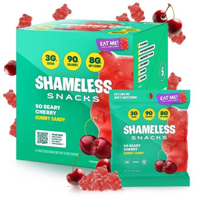Shameless Snacks - Healthy Low Calorie Snacks, Low Carb Keto Gummies (Gluten Free Candy) - 6 Pack So Beary Cherry