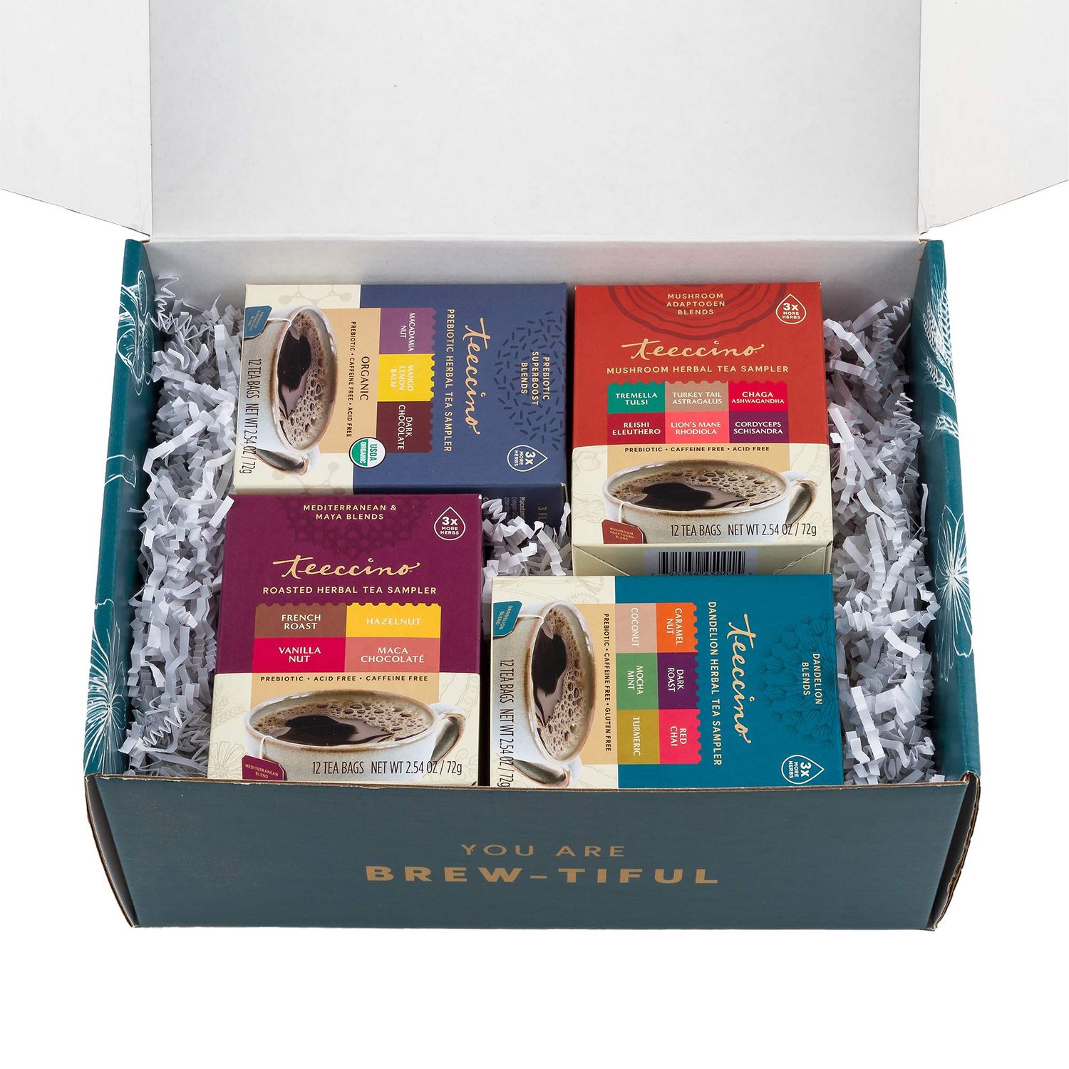 Teeccino Herbal Tea Gift Set - 48 Tea Bag Assortment in 4 Sampler Boxes with Decorative Gift Box - Prebiotic SuperBoost, Dandelion, Mushroom Adaptogen &amp; Classic Herbal Tea Samplers, Caffeine Free