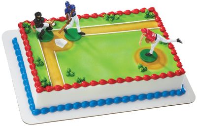 DecoSet Batter Up 3 Piece Decorations Set, Cake and Cupcake Toppers for Baseball Themed Birthdays, Celebrations, and Parties, Food Safe, Re-usable, Red, Blue