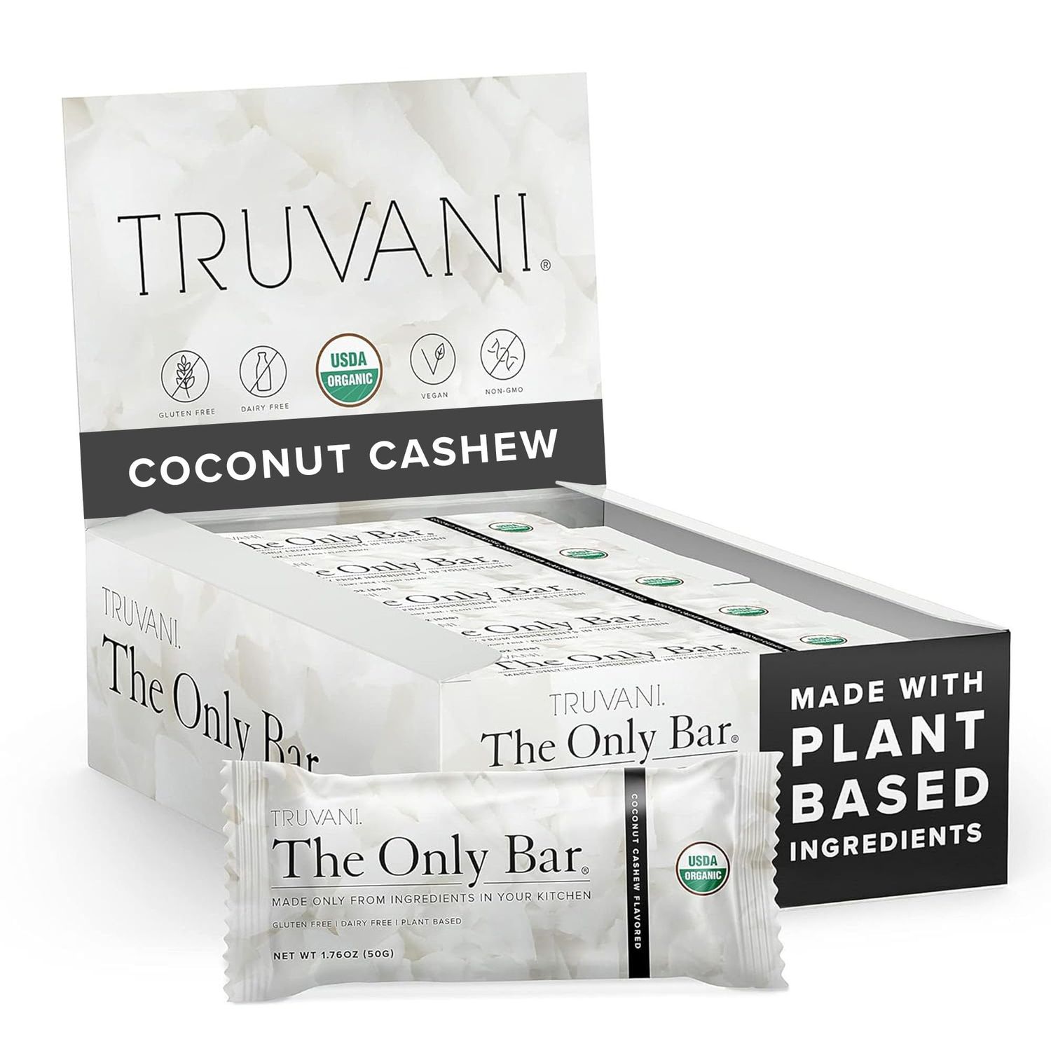 Truvani Plant Based Snack Bar | Coconut Cashew 12 Pack | 5g Protein | USDA Organic and Vegan | The Only Bar | Dairy, Soy, and Gluten Free | Individually Wrapped