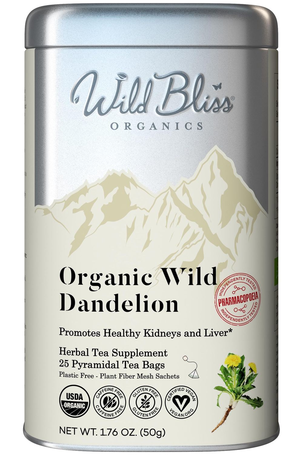 Wild Bliss Organic Wild Raw Dandelion Root Tea - Pharmacopoeia Quality Caffeine Free Herbal Detox Support - 25 Plant Based Tea Bags