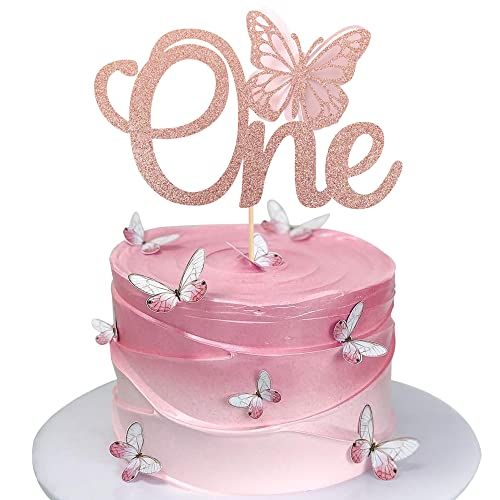 Rsstarxi 1 Pack Butterfly One Cake Topper Rose Gold Glitter Baby Shower Butterfly 1st Birthday Cake Pick Decorations for Butterfly Theme Baby Shower 1st Birthday Party Supplies