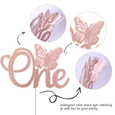 Rsstarxi 1 Pack Butterfly One Cake Topper Rose Gold Glitter Baby Shower Butterfly 1st Birthday Cake Pick Decorations for Butterfly Theme Baby Shower 1st Birthday Party Supplies