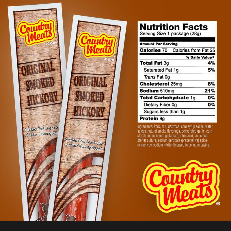 Country Meats, Meat Sticks, 0 Trans Fat, USDA Certified, Good Source of Protein, Carb Conscious Snack (10 Meat Sticks, Original Smoked Hickory)