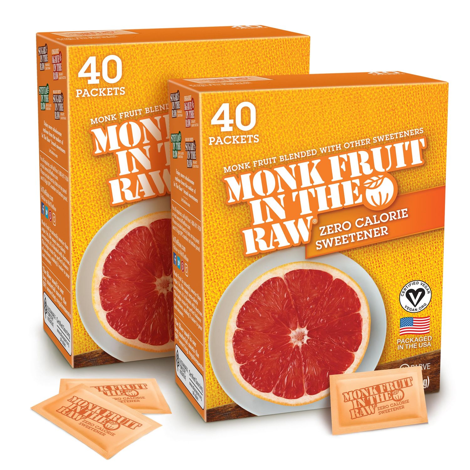 MONK FRUIT IN THE RAW Zero-Calorie Sugar Substitute Packets - Natural Monk Fruit Sweetener Powder, No Erythritol, Plant-Based Keto Sweetener, Diabetic Friendly, 40 Packets Ea (Pack of 2)