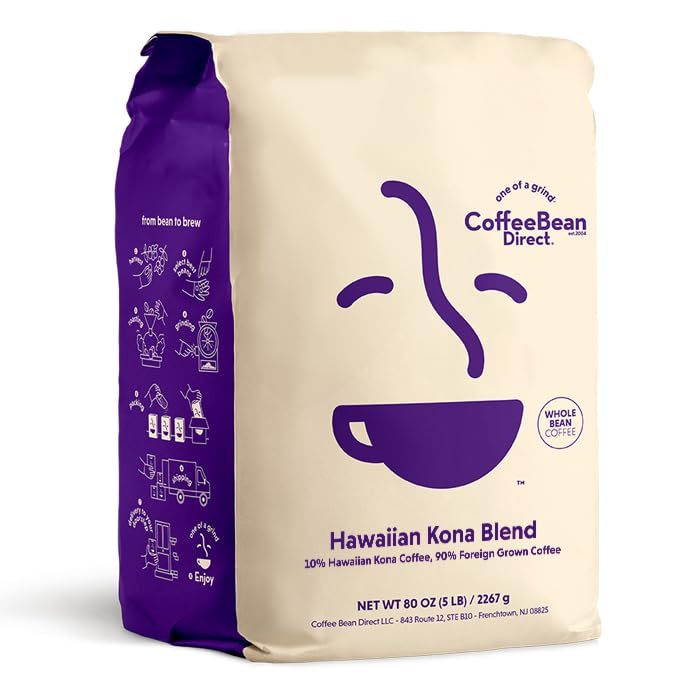 Coffee Bean Direct Hawaiian Kona Blend Coffee, Light Roast, Whole Bean, 5 Pound