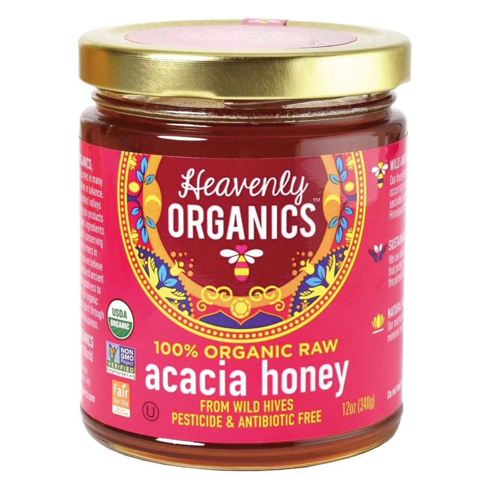 Heavenly Organics 100% Organic Raw Acacia Honey (12oz) Lightly Filtered - Made from Wild Beehives &amp; Free Range Bees; Dairy, Nut, &amp; Gluten Free, Kosher