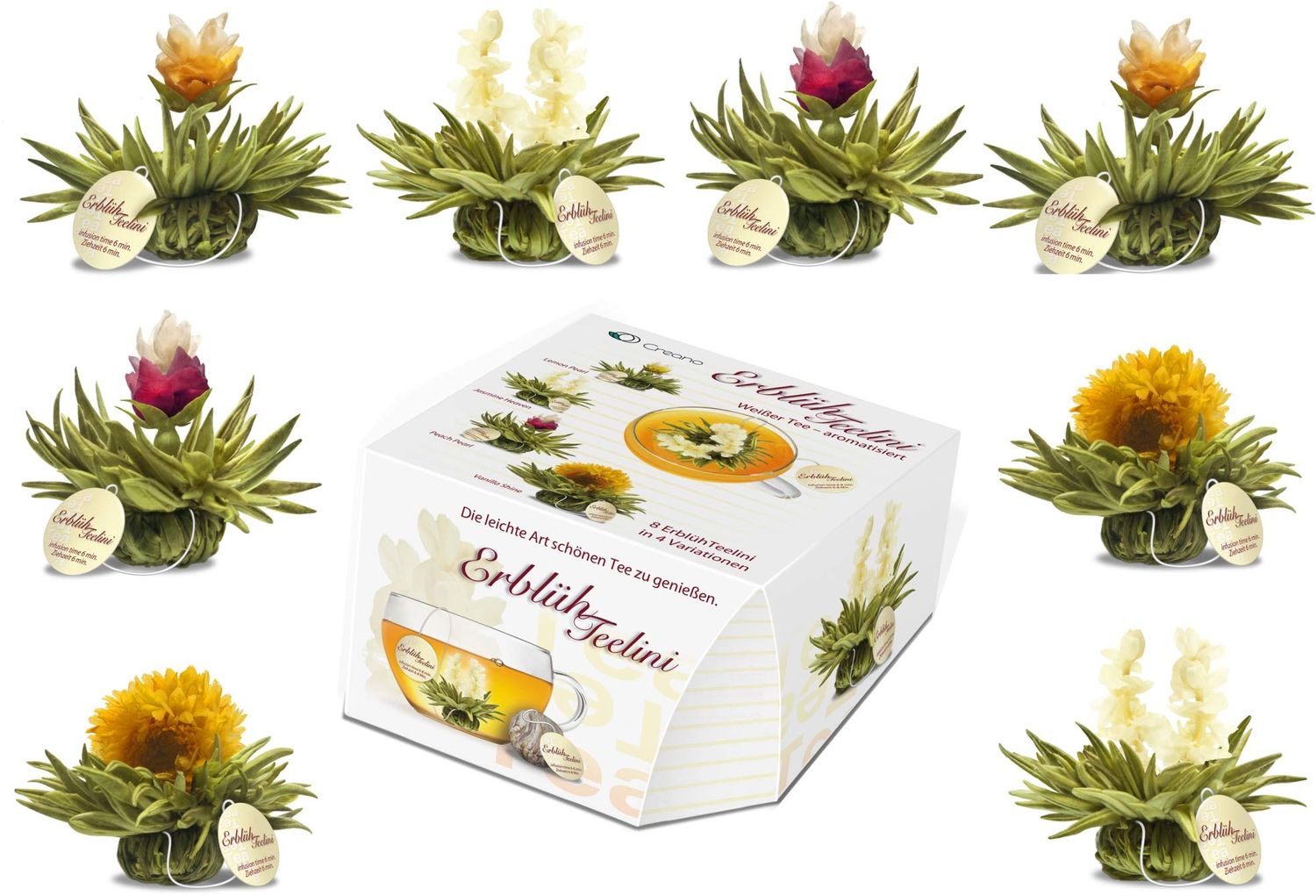 Creano Tea Flowers in Cup Size - Blooming Tea - 8 Flowering Tea in 4 Different Varieties - White Tea