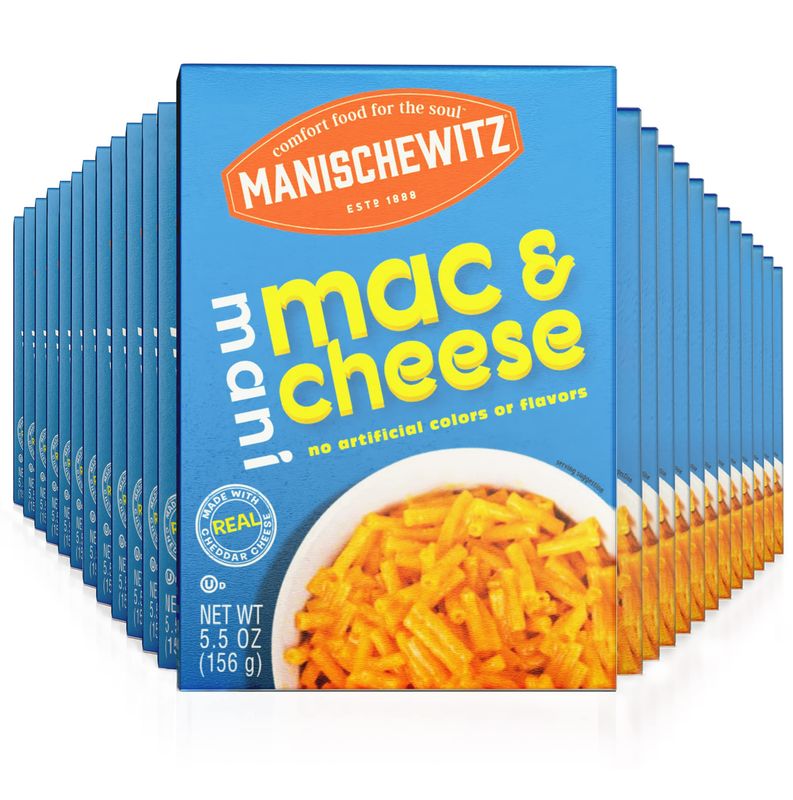 Manischewitz Kosher Mac &amp; Cheese, 5.5oz (24 Pack) Made with Real Cheddar Cheese, No Artificial Colors of Flavors, Certified Kosher