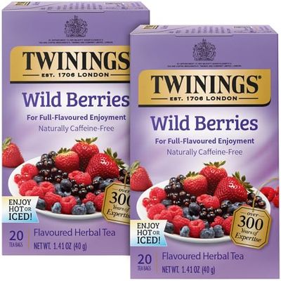 Twinings Wild Berries Tea - A Naturally Caffeine-Free Herbal Tea Bursting with Fresh &amp; Uplifting Berry Tea Flavours, Individually Wrapped Tea Bags, 20 Count (Pack of 2)