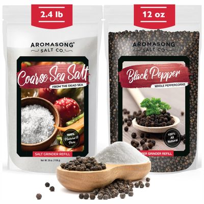 Aromasong Organic Coarse Sea Salt (2.43 LB.) with Black Peppercorn (12 OZ) Grinder, Mill Refill Combo Set for Cooking &amp; Baking - Bulk Resealable Bag