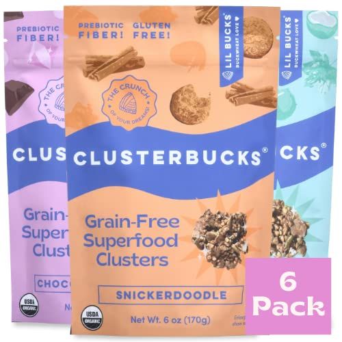 Lil Bucks Clusterbucks Grain-Free Superfood Clusters made with Sprouted Buckwheat and Adaptogens, Gluten Free Snack (Chocolate, Snickerdoodle &amp; Coconut Maple Variety, 6 Pack)
